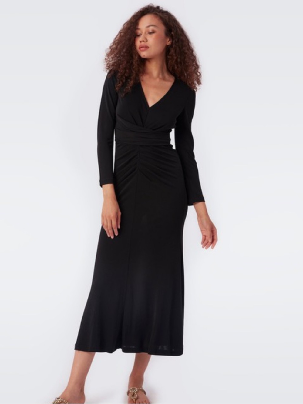 Diane von Furstenberg Timmy Matte Black  long Sleeve V-Neck Midi Dress - Picture 2 of 10